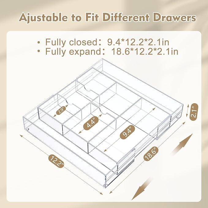 Briwooody 1 Pcs Acrylic Desk Drawer Organizer 9'' up to 18'' x 12'' x 2.1'' Expandable Drawer Organizer Trays with 8 Adjustable Compartments Clear Desk Accessories for Makeup Office Bathroom