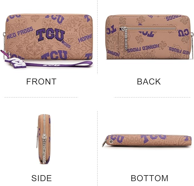 TCU Organizer Wallet with RFID Blocking Card Slot & Keychain, TCU Team Logo Wristlet Wallet, Zip Clutch Purse for Gift, Game Day, Travel | Khaki, NC-TCU011KH