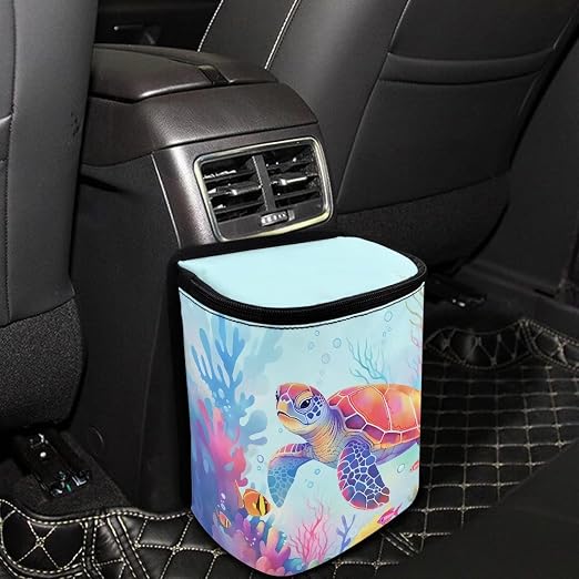 Biyejit Colorful Turtle Car Trash Can - Leakproof Garbage Bin Trash Bags with Adjustable Strap - Car & Truck Accessories for Men and Women