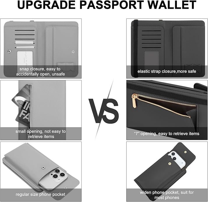 DOB SECHS Leather Passport Wallet Crossbody Phone Bag, RFID Blocking Passport Holder Credit Cards Case for Women