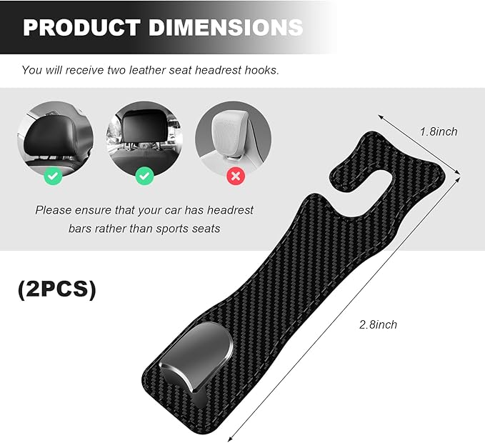 JNXIIJ 2 PCS Car Seat Headrest Hooks, Multifunctional Auto Purse Hanger Storage Organizer, Universal Vehicle Leather Seat Backrest Hooks for Hanging Umbrellas Handbags Clothes (Carbon Fiber Black)