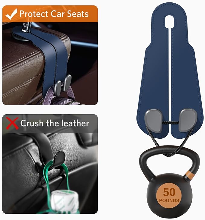 CoBak Purse Hook for Car - Universal Premium Stitched Leather and Aluminum-Magnesium Alloy Double Car Seat Back Storage Hook for Purses, Handbags, Bags (2 Pack),Indigo Blue
