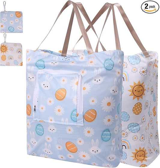 2 Pack Travel Laundry Bag with Handle and Drawstring, Expandable Foldable Dirty Clothes Bags with Hook and Zipper, 23*20 inch, Cartoon 3 White + Blue