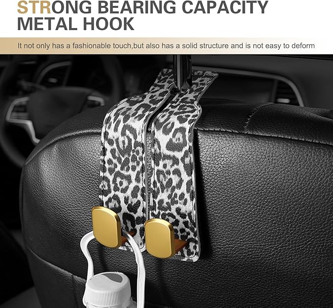 2 PCS Car Seat Headrest Hooks for Hanging, Double Heavy Duty Metal Hooks with Leopard Print, Car Organizer Accessories for Women, Universal for Most Cars, Trucks, SUVs (White Leopard Print)