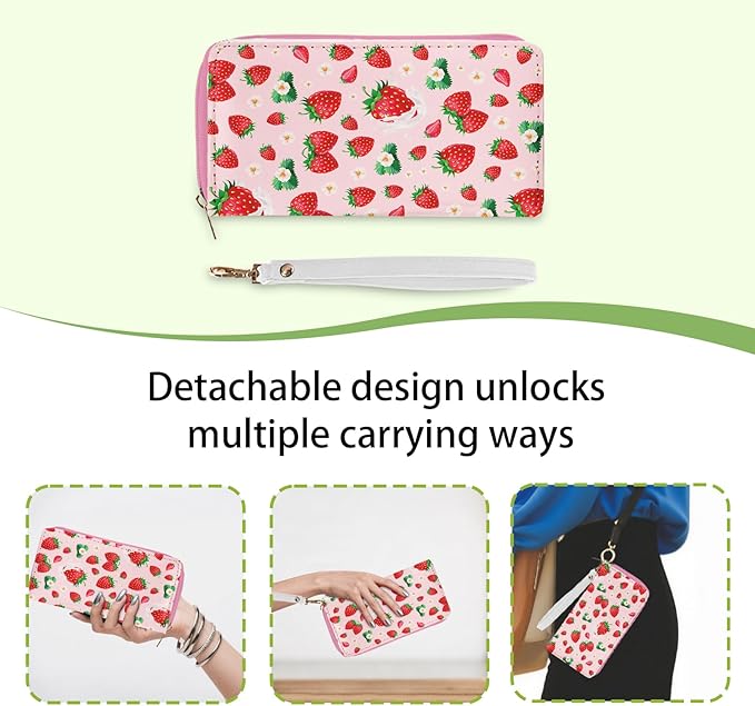 Strawberry Lovers Gift for Womens Wallet - Slim PU Leather Pink Strawberry Wallet for Women with Zipper, Credit Card Holder Wallets, Wristlet Wallets for Female Ladies Girls Birthday