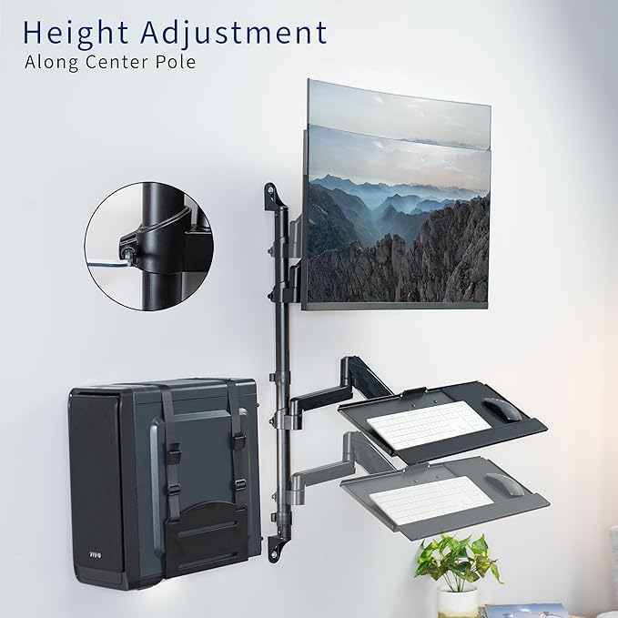 VIVO Black Sit-Stand Height Adjustable Pneumatic Spring Arm Keyboard, Monitor, CPU Wall Mount for 1 Screen up to 32 inches STAND-SIT1BW