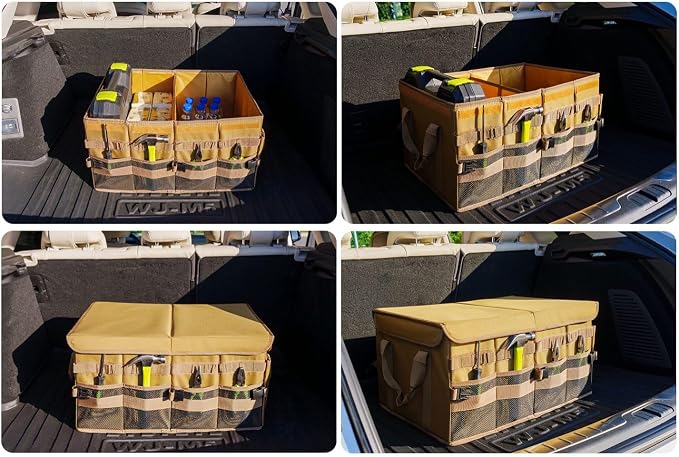 Large 70L SUV Trunk Organizer, Trunk Organizer With Lid, Foldable Cargo Storage Box, Brown, 4-Compartments With Handle,Universal for Car Sedan Truck Camping Grocery Shopping Travel
