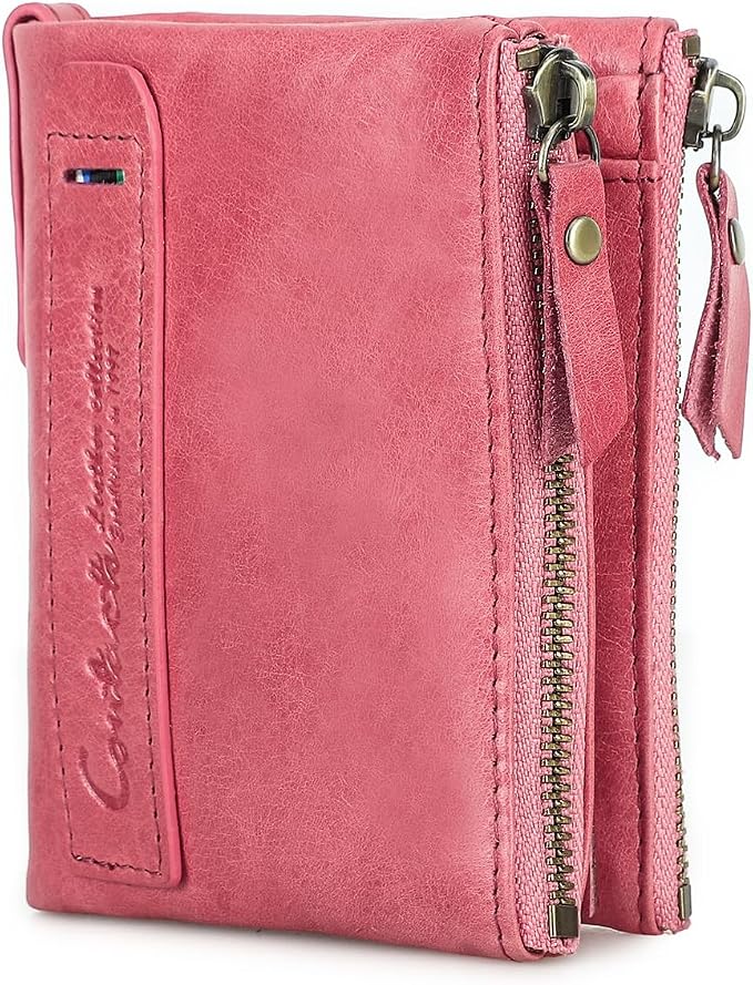CONTACTS Soft Leather Wallet for Women Small Bifold Coin Purse Double Zipper Card Holder with RFID Blocking (Watermelon Red)