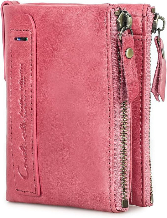 CONTACTS Soft Leather Wallet for Women Small Bifold Coin Purse Double Zipper Card Holder with RFID Blocking (Watermelon Red)