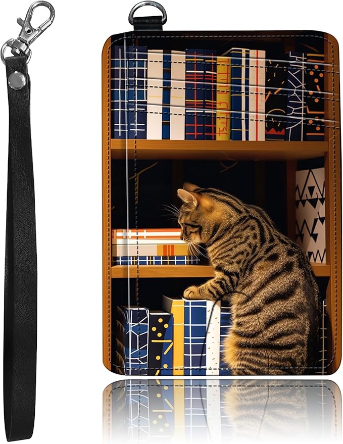 Slim Minimalist Front Pocket Wallet,Credit Card Holder Wallet for Women Men,RFID Blocking Credit Card Holder Case Leather Cute Small Thin Wallet ID Window&Wrist Strap,Bookshelf Cat