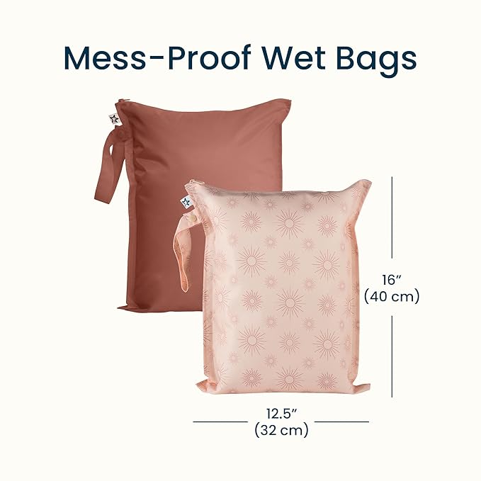 Tiny Twinkle Mess Proof Wet Bags | 2-Pack Reusable Waterproof Wet Bags for Swimsuits | Baby Clothes | Travel & Diaper Bag (Shine)