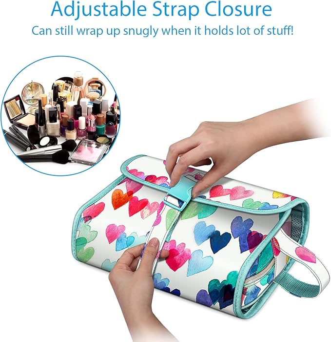 Fintie Portable Toiletry Cosmetic Travel Bag, Large Water Resistant Hanging Makeup Organizer Storage Pouch Case for Women Girls (Raining Hearts)