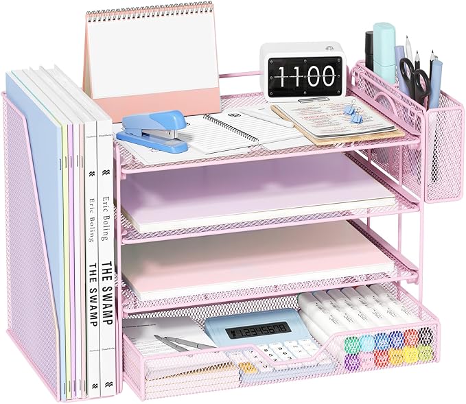 OPNICE 4-Tier Desk Organizer with Drawer & Pen Holder, Office Desk Accessories and Office Decor for Women, Paper Tray File Organizer for Home Office Workspace Supplies, Pink