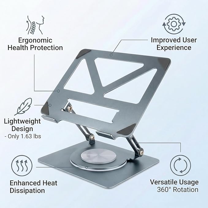 360 Rotating Aluminum Laptop Stand, Adjustable & Foldable Ergonomic Computer Stand, Compatible with MacBook, iPad, Dell, HP up to 16 Inches for Home & Office, Gray