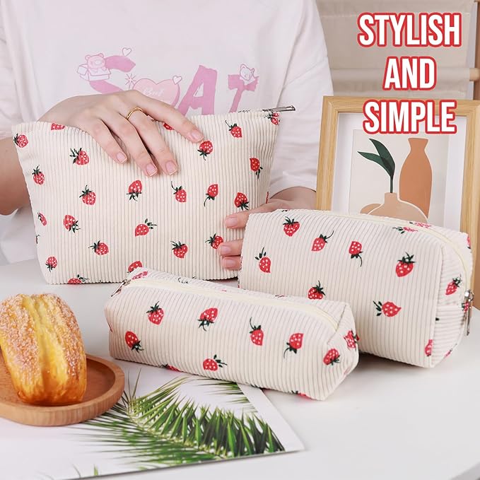 3 Pcs Makeup Bag Cosmetic Bag Set for Girls Women Travel Organizer Bathroom Toiletry Pouch Large Capacity Storage Bag (Strawberry Beige)