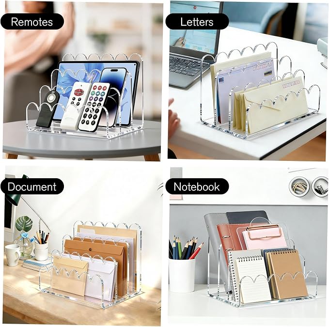 3 Compartments Acrylic Mail Organizer, Vertical File Sorter & Scalloped Desk Organizer for Letters, Envelopes, Bills, Stationery, Mail Holder for Office and Home