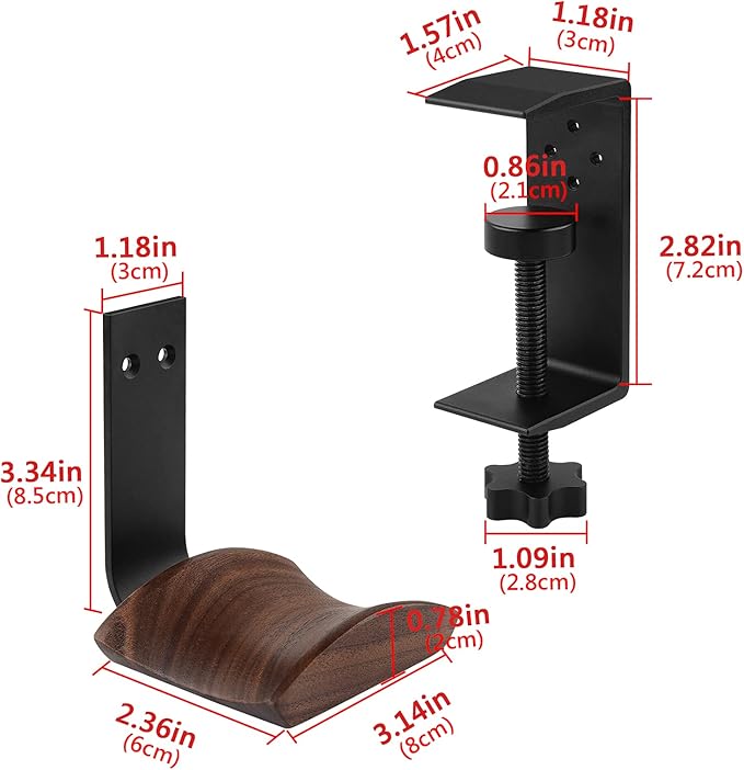 GEEKRIA Wooden Headphones Stand Compatible with Apple AirPods Max, Sony WH-1000XM6 Headphone Hook, Earphones Hanger Mount, Dual-Purpose Aluminum Headset Desktop Clip with Walnut Holder