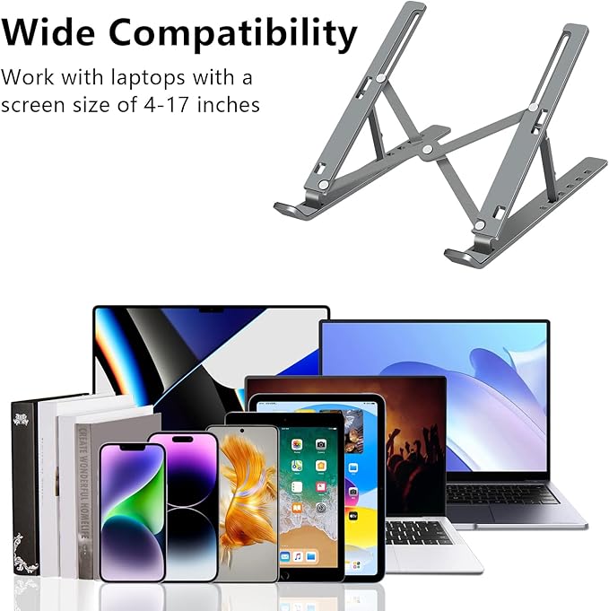 Laptop Stand, Aluminum Full Coverage Non-Slip Rubber Adjustable Ergonomic Portable Laptop Holder, Foldable Computer Stand 6 Angles Anti-Slip Riser Compatible with 4-17 inch