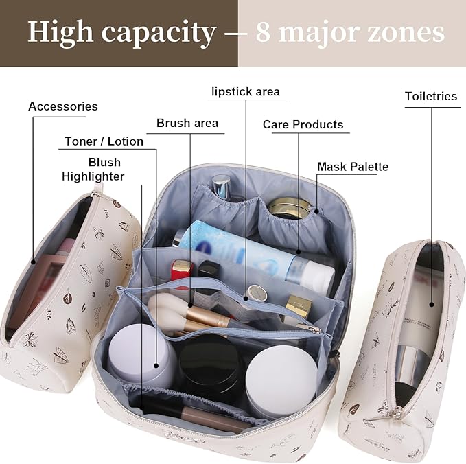BOYATU Travel Makeup Bag Cosmetic Bags for Women: 3 Pcs Set Portable Make up Bag with Handle - PU Leather Toiletry Bags with Compartments - Makeup Organizer for Travel Essentials(L-4-White)