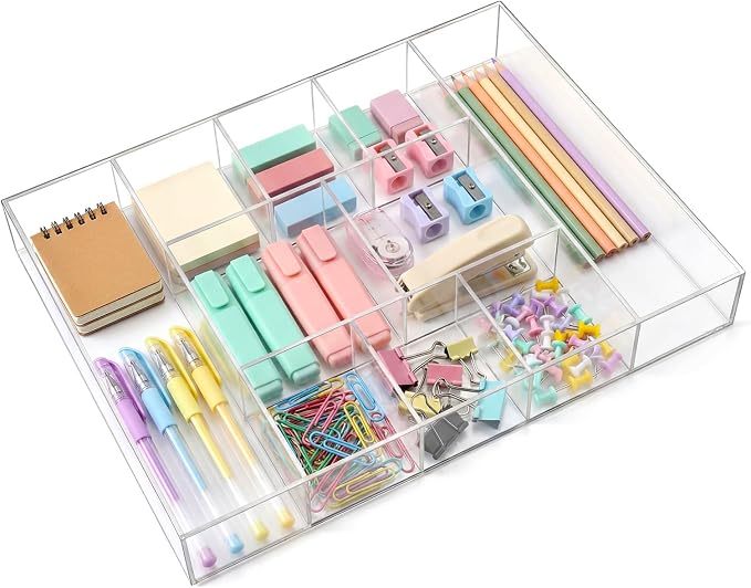 Large Acrylic Desk Deep Drawer Organizer with Adjustable Dividers, Anti-skip Clear Desk Top Junk Drawer Storage Tray for Pens, Desktop, Office, Bathroom, Kitchen, Makeup Supplies(10 Compartments)