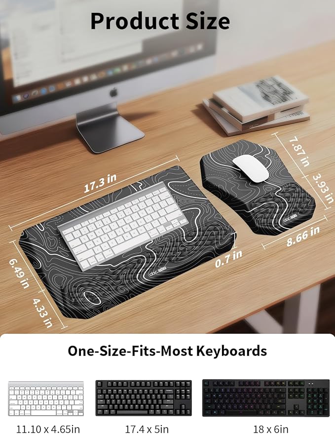 3-in-1 Ergonomic Keyboard Stand with Wrist Rest & Mouse Pad Set, Comfy Keyboard Riser Holder Soft Mousepad with Massage Design, Memory Foam and Non-Slip PU Base for Pain Relief, Topographic