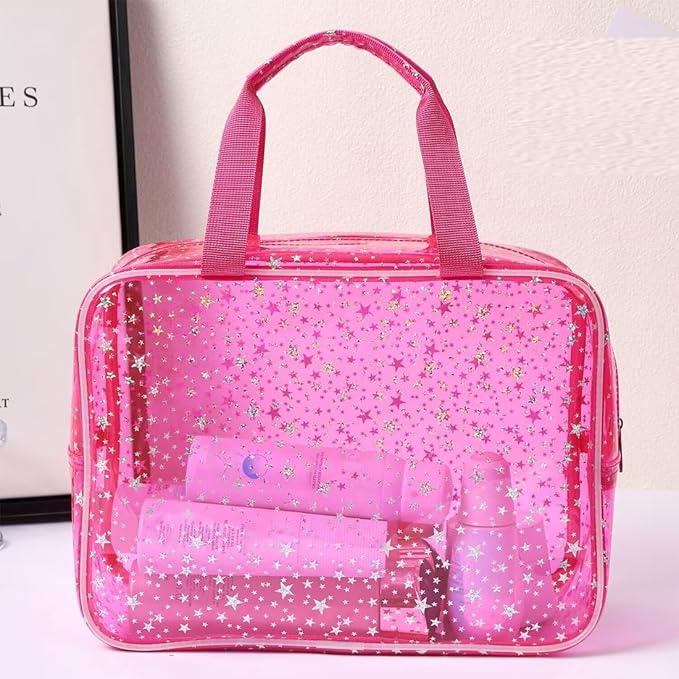 SxoSyo Clear Makeup Bags Large Toiletry Bag for Women Transparent Cosmetic Bag with Handle Travel Essential Bathroom Organizer (Pink Star)