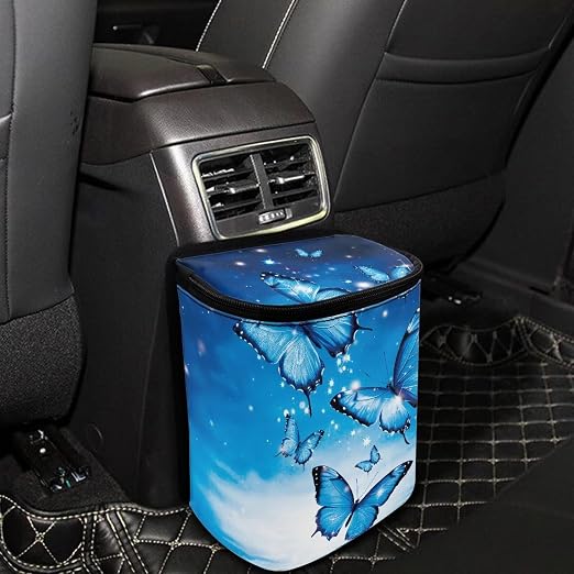 Biyejit Blue Butterfly Car Garbage can with Lid Leak Proof Vehicle Trash Can with Storage Pockets Hanging Waterproof Car Trash Bag for SUV