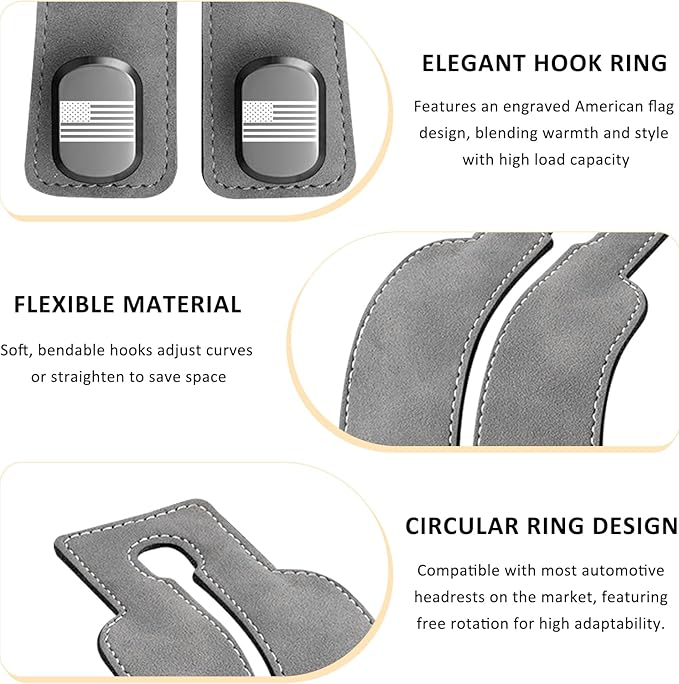 Sun Walker 2 PCS Car Seat Headrest Hooks, Auto Back Seat Purse Hook Bag Organizer with American Flag, Vehicle Double Metal Hooks Storage Hanging Holder for Handbags Coats Phones (Gray)