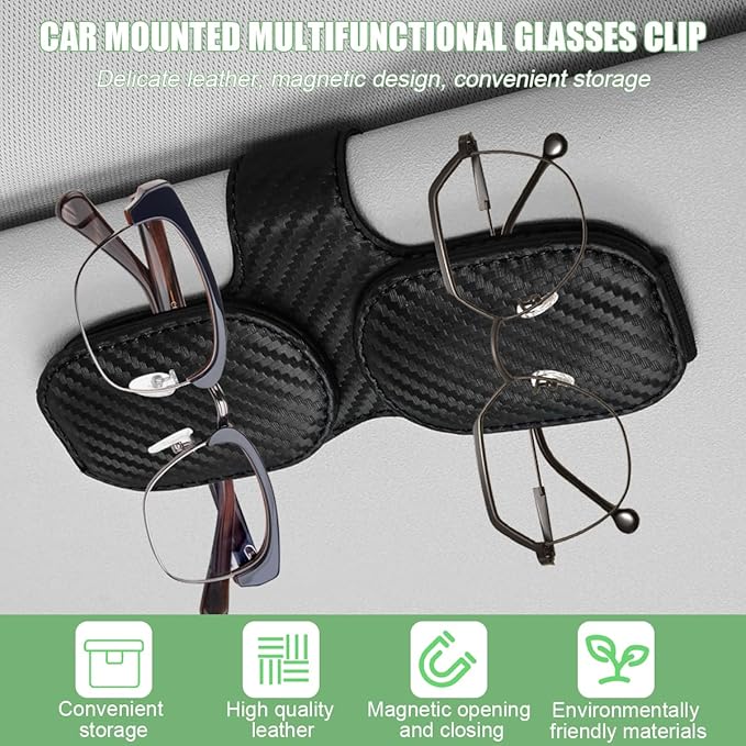 Sunglasses Holders for Car Visor, Magnetic Leather Vehicle Glasses Hanger with 2 Clips, Auto Interior Eyeglass Mount Organizer Accessories, Universal Fit (Carbon Fiber)