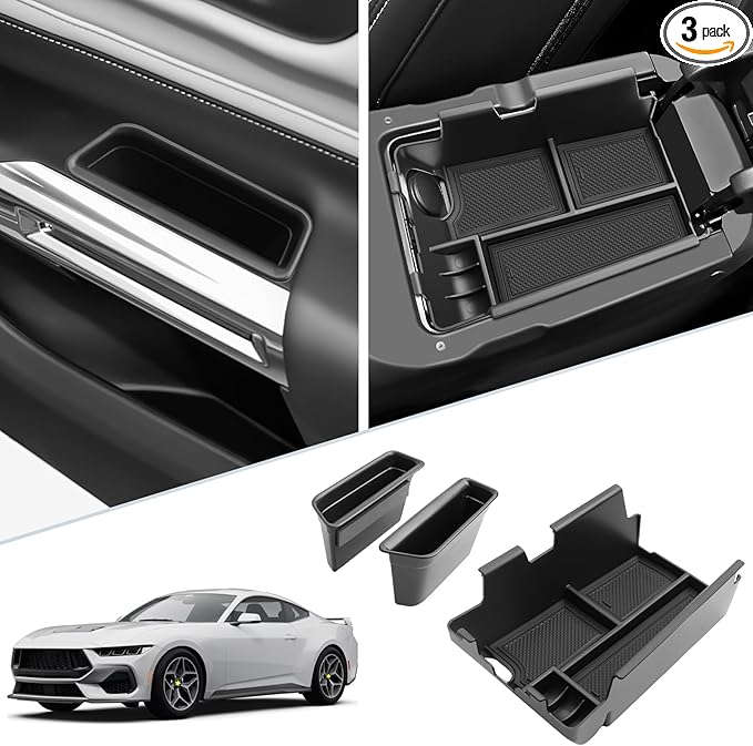 SKTU 3Pcs 2024 2025 2026 Mustang Center Console Organizer for 2024-2026 Ford Mustang Console Tray 2024 2025 2026 Mustang Accessories Insert Glove Pallet Organizer Mustang Door Side Storage Box