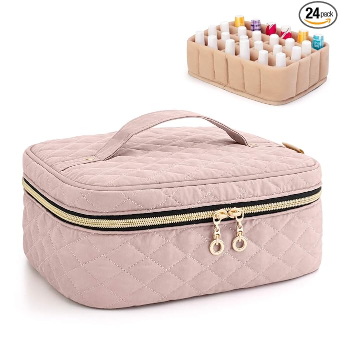 Yarwo Nail Polish Carrying Bag Holds 24 Bottles (15ml/0.5 fl.oz), Travel Storage Organizer for Nail Polish and Manicure Accessories, Dusty Rose