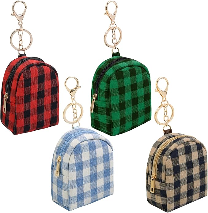 AIBFRID 4Pcs Mini Backpack Keychain,Cute Cosmetic Bag for Women,PU Leather Makeup Bag Key Pocket Lipstick Bag Card Holder Data Cable Organizer Zipper Pouch (Christmas Series)
