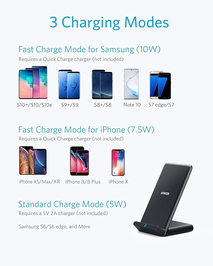 Anker 313 Wireless Charger (Stand), Qi-Certified for iPhone 17/17 Pro/17 Pro Max/16/15/14/13, 10W Fast-Charging Galaxy S23 S22 S21(No AC Adapter) (Black, 2 Pack)