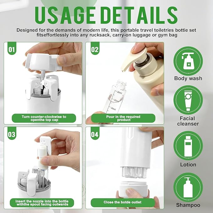 4 in 1 Travel Dispenser Bottle,Leak Proof Refillable Bottles Store Shampoo, Lotion and More,Transparent with Scale, Easy Squeeze Use, Lightweight & Portable Perfect for Travel,Gym,Camping (White)
