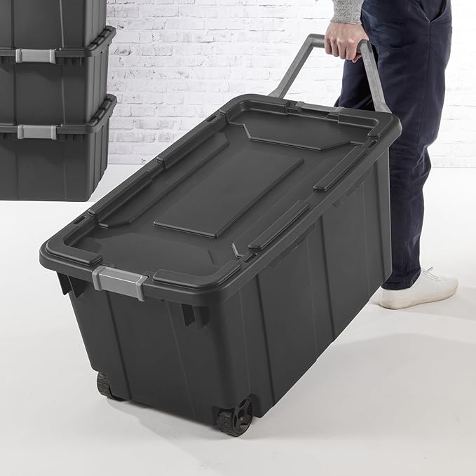Heavy - Duty 40 Gal Wheeled Storage Bin with Lid, Large Plastic Tote for Garage/Camping/Moving - Black Industrial Storage Container (1)