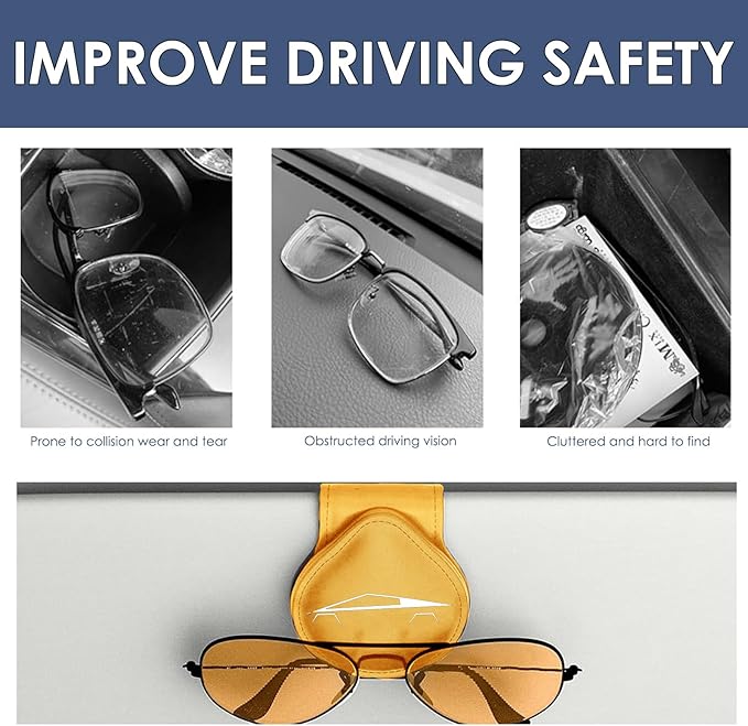Car Sunglass Holder Compatible with Tesla Cybertruck 2025 2024 Cyberbeast Interior Accessories Organizer Leather Eyeglass Hanger Visor Ticket Card Clip Magnetic Cyber Truck Sunglasses Holders (Yellow)