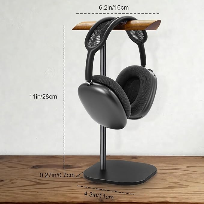 GEVO Headphone Stand for Desk, Walnut Wood & Aluminum Headset Stand, Universal Walnut Gaming Headset Holder with Solid Heavy Base for AirPod Max, Bose, Sony All Headphone Sizes (Square Base)