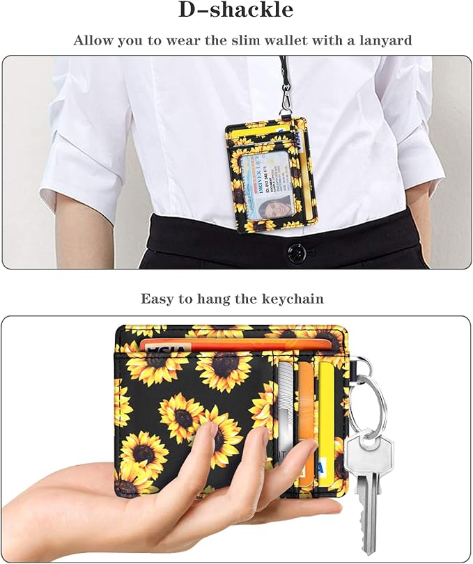 Coco Rossi Slim Front Pocket Wallet RFID Blocking Minimalist Credit Card Holder Wallet with D-Shackle for Women,Sunflower