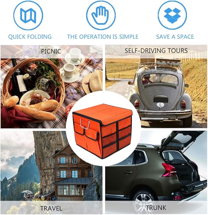 Car Trunk Organizer Collapsible Portable Multi Compartments Organizer with Non Slip Straps for SUV Truck Auto Vehicle Car Auto Minivan(Small covered, Orange)