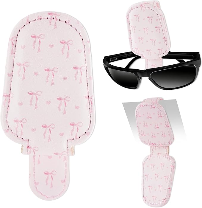 HemerVows Sunglass Holder for Car, Sweet Pink Bow Hearts Print Magnetic Leather Visor Sunglasses Holder Clip, Universal Sun Visor Accessory Eyeglass Clip for SUV Pickup Truck