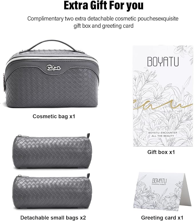 BOYATU Travel Makeup Bag Cosmetic Bags for Women: Large Capacity 3 Pcs Set Make up Bag with Compartments - Waterproof Vegan Leather Toiletry Organizer Bags with Handle (L07Grey)