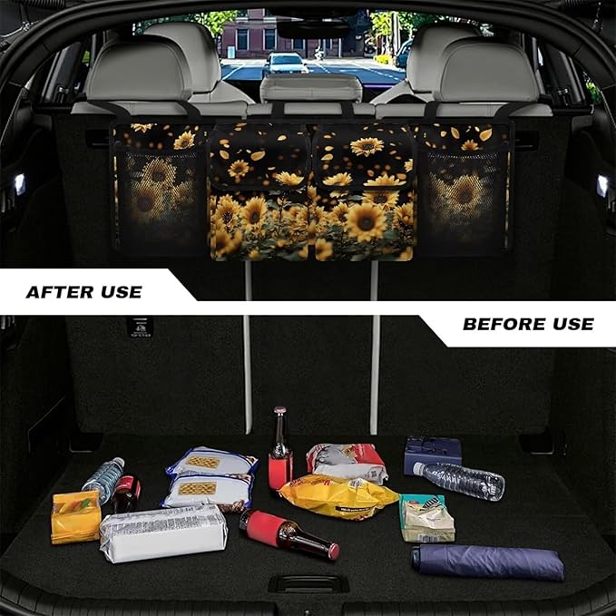 Sunflower Design Car Trunk Organizer,Collapsible Large Capacity Auto Backseat Hanging Storage Bag with Adjustable Strap & 4 Pockets Not Easy to Fade