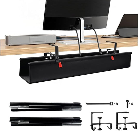 36" No Drill Under Desk Cable Management Tray - Upgraded Oxford Fabric with Cable Loop, No Damage to Table for Standing Desks and Home Office (Large (36 Inch))