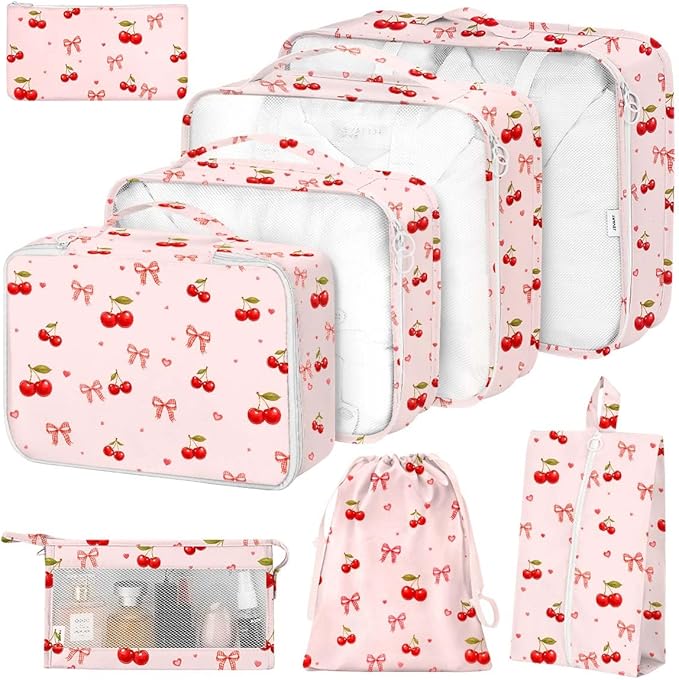 Packing Cubes for Travel,8 Set Luggage Organizer Bags with Mesh Top Panel, Lightweight Suitcase Organizers for Carry On, Family Vacation, Business Trip(Cherry Bows)