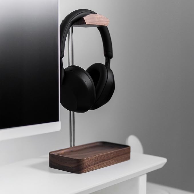 Raico Headphone Stand with Catchall Tray Base Premium Showpiece Headset Holder with Storage Solid Wood (Walnut)