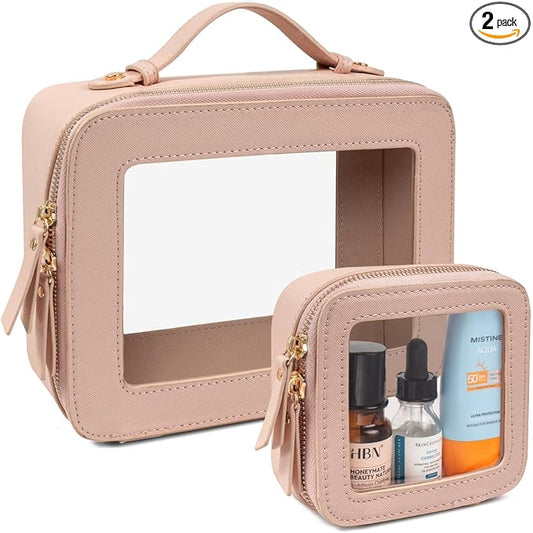 LETGO Clear Makeup Bags Set - TSA Approved Toiletry Bag with Handle Large Opening, Clear Toiletry Bags Case Pouch for Traveling Travel Car Orangizer Storage Essentials (Mini+Large Nude)