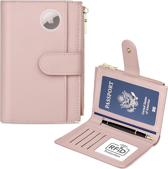 Passport Holder for Travel, Leather Passport Wallet with Airtag Slot, RFID Blocking Travel Wallet for Women Men, Passport Cover with Air Ticket Card Cash Coin Pocket, Travel Essentials Gift