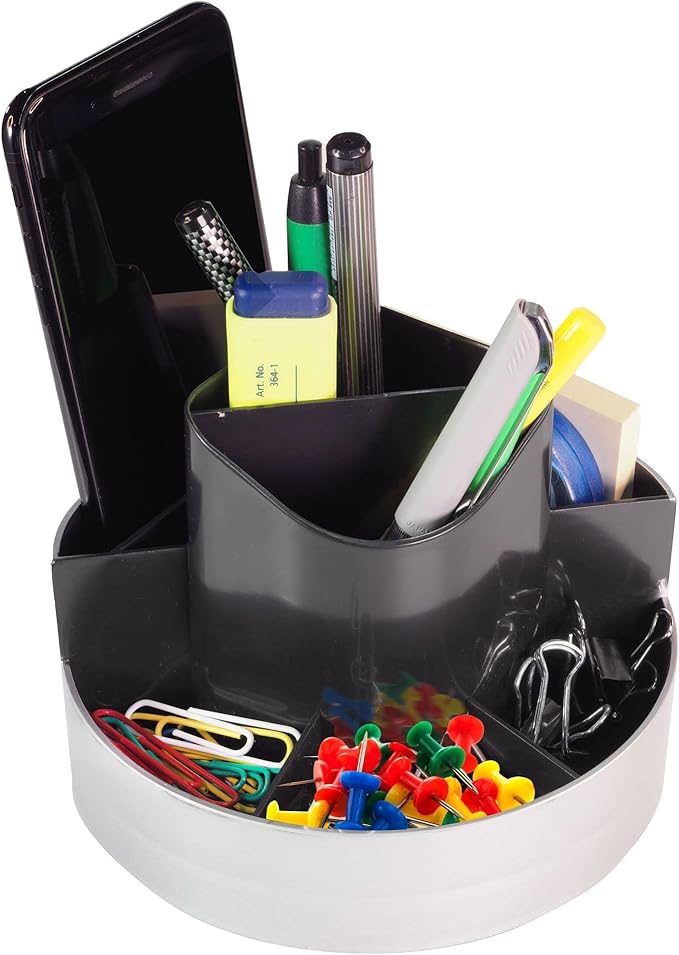 Kantek Rotating Desk Organizer, 8 Compartments, Plastic, 6 x 5.75 x 4.5, Black/Silver