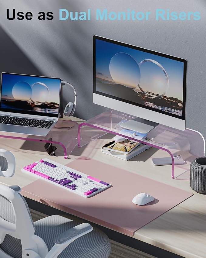 Acrylic Dual Monitor Stand Riser 2 Tier, Modular Laptop Stand for Desk, Multifunctional Desktop Organizer Shelf for PC, iMac, Printer, Detachable Monitor Stand for Office or Home, Pink