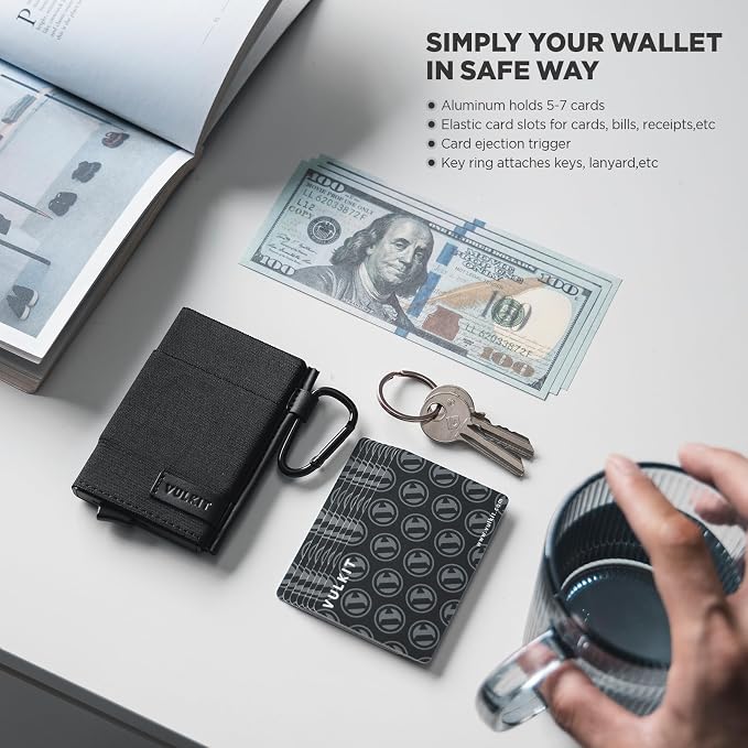 VULKIT Slim Wallet for Men and Women, Pop up Credit Card holder Metal Case RFID Blocking with Keychain and Elastic Pocket (Black)